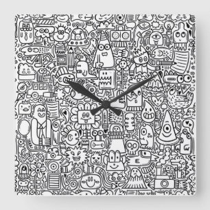 "Whimsical Black and White Doodle Clock Fyrkantig Klocka
