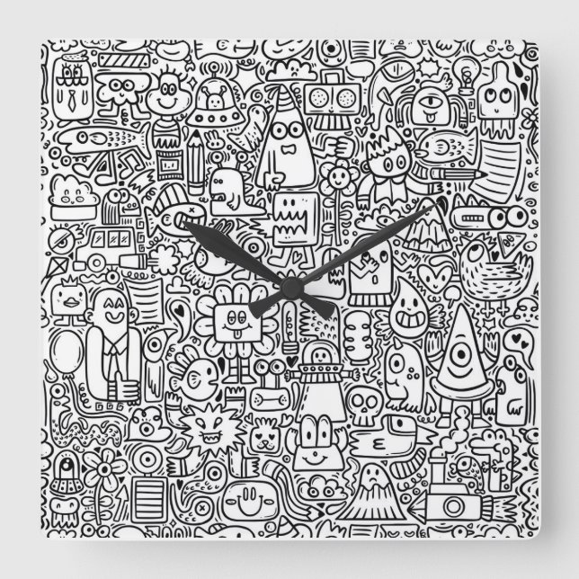 "Whimsical Black and White Doodle Clock Fyrkantig Klocka (Framsida)