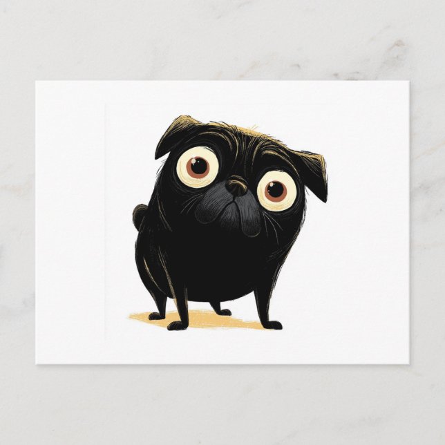 Whimsical Black Big Eyed Pug Vykort (Framsida)