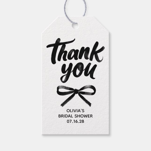 Whimsical Black Bow Handwritten Bridal Thank You Presentetikett (Framsidan)