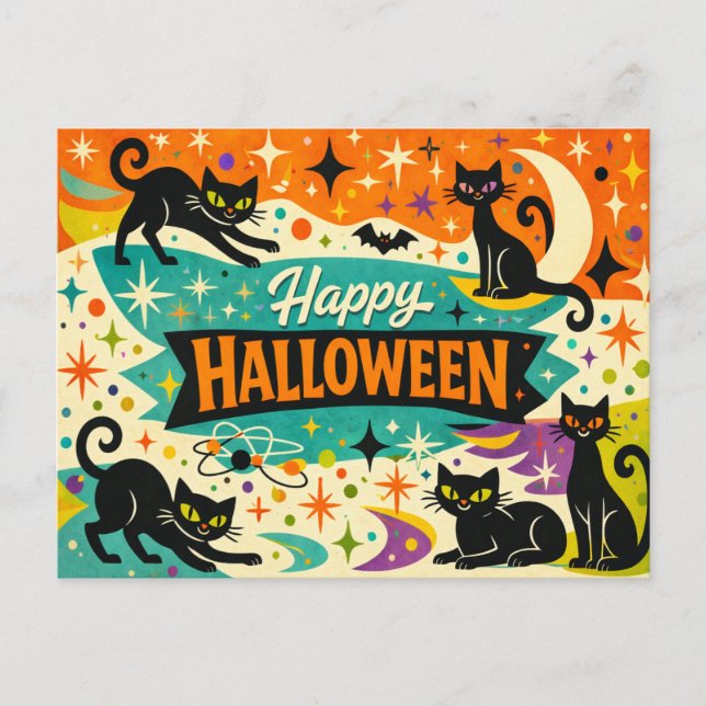 Whimsical Black Cat Atomic Age Halloween Helg Vykort (Framsida)