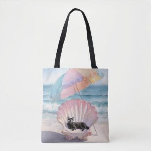 Whimsical Black Cat Beach Tote Tygkasse