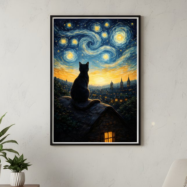 Whimsical Black Cat & Celestial Town Wall Art  Poster (Skapare uppladdad)