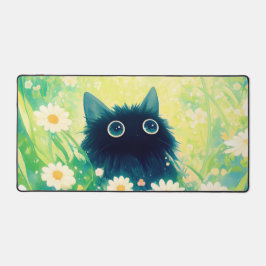 Whimsical Black Cat Daisy Meadow Teal Sky