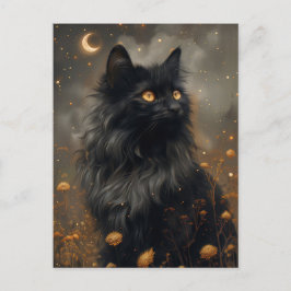 Whimsical Black Cat & Enchanted Dandelions Vykort