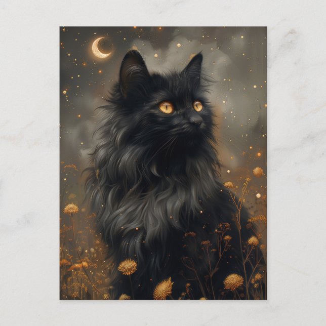 Whimsical Black Cat & Enchanted Dandelions Vykort (Framsida)