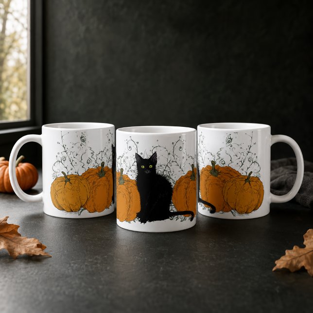 Whimsical Black Cat och Pumpkins Halloween Kaffemugg (Moody Black Cat Mug)