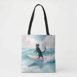 Whimsical Black Cat Surfer Tote Tygkasse