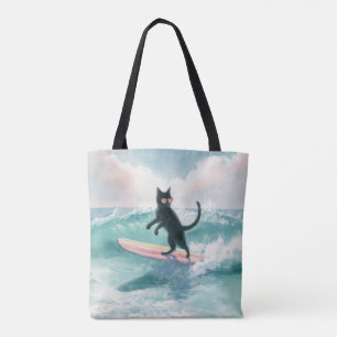 Whimsical Black Cat Surfer Tote Tygkasse