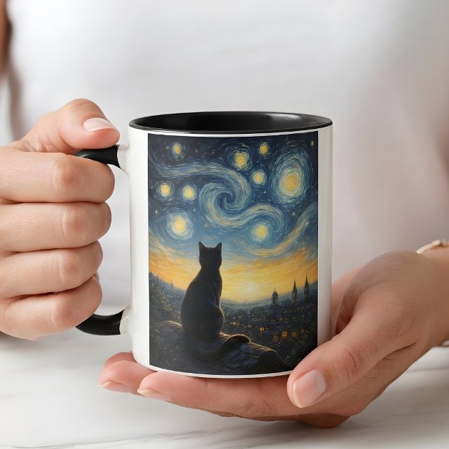 Whimsical Black Cat & Swirling Sky Art Coffee Cup Mugg (Skapare uppladdad)