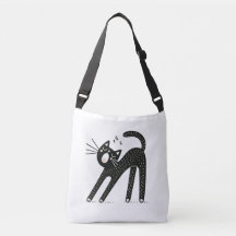 Whimsical Black Cat Yawning and Stretching