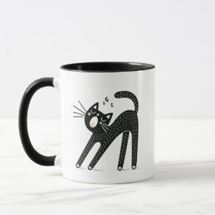 Whimsical Black Cat Yawning and Stretching Mugg