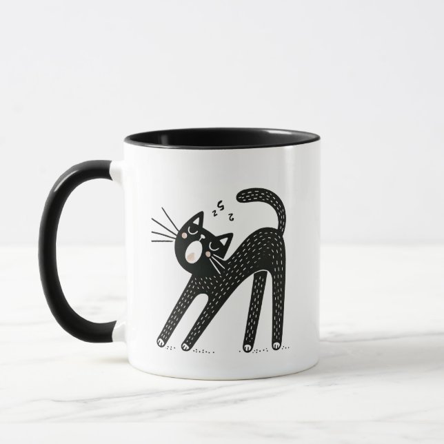 Whimsical Black Cat Yawning and Stretching Mugg (Vänster)