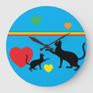 Whimsical Black Cats and Rainbow Round Clock Stor Klocka