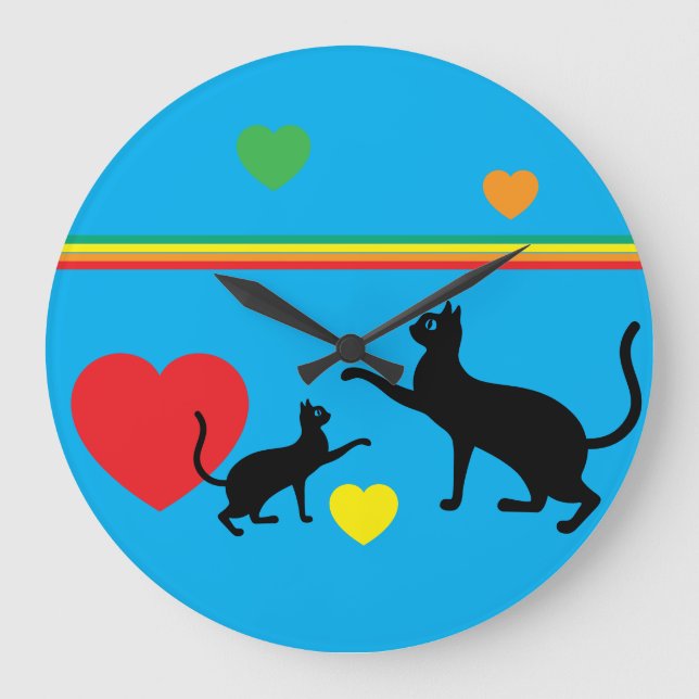 Whimsical Black Cats and Rainbow Round Clock Stor Klocka (Framsida)