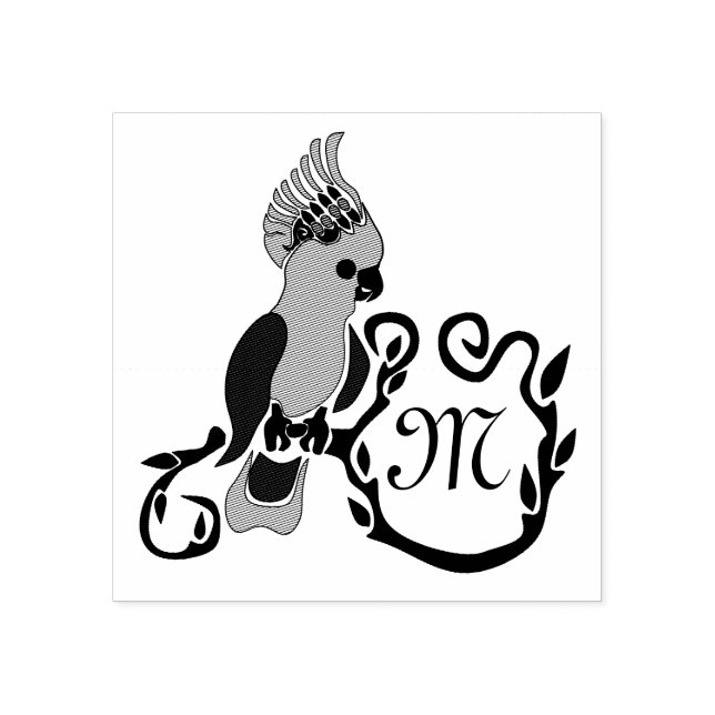 Whimsical Black Cockatoo Monogram Stämpel (Tryck)