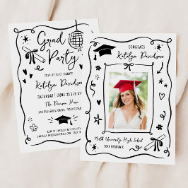 Whimsical Black Doodle Photo Grad Party Inbjudningar