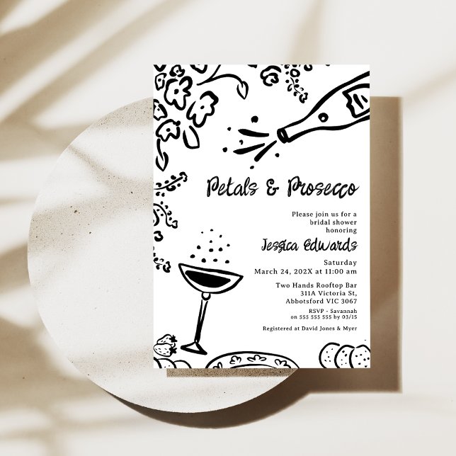 Whimsical Black Drawn Petal Prosecco Möhippa Inbjudningar (Whimsical Hand Drawn Petal Prosecco Bridal Shower Invitation, Black White, Trendy Bridal Shower )