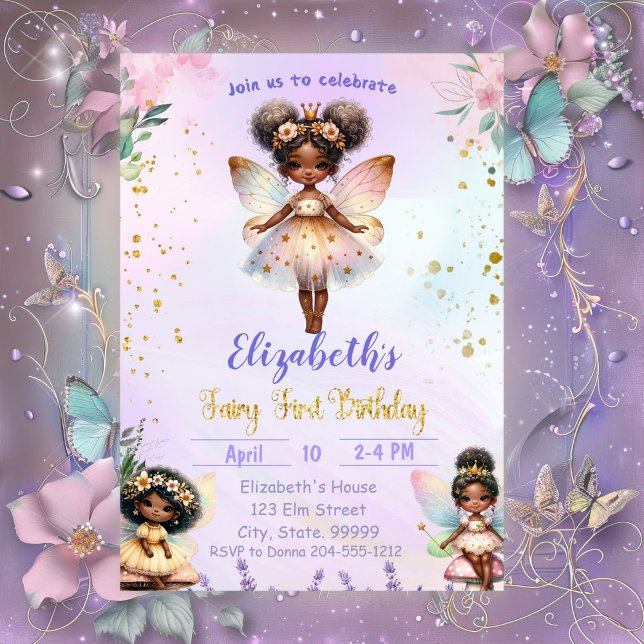 Whimsical Black First Fairy Whimsical Birthday Inbjudningar (Skapare uppladdad)