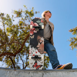 Whimsical Black Girl med Ro och Butterflies Mini Skateboard Bräda 18,5 Cm