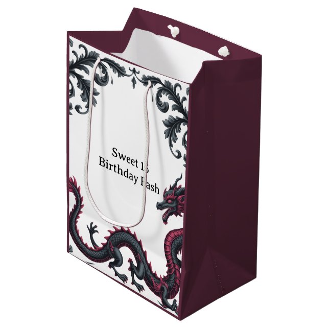 Whimsical Black Red Dragon Damask Sweet 16 Bash (Framsidan Vinklad)