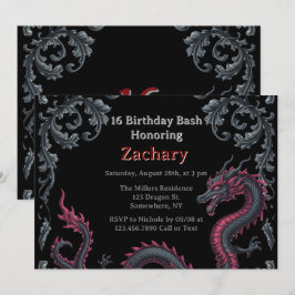 Whimsical Black Red Dragon Damask Sweet 16 Bash Inbjudningar