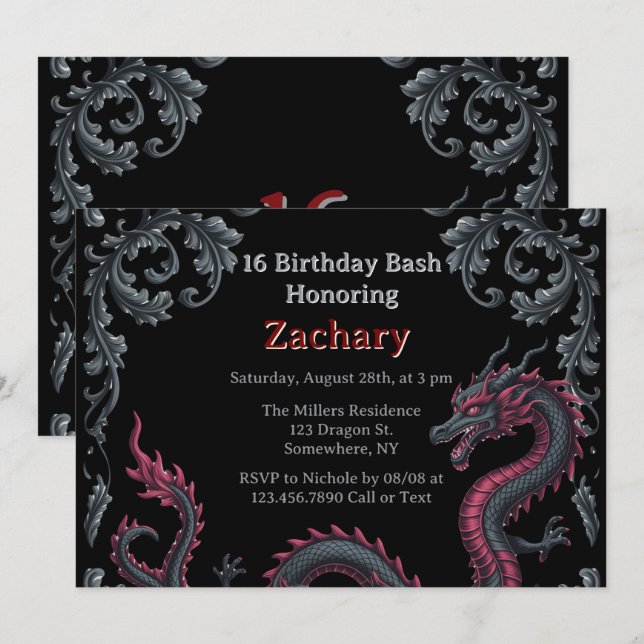 Whimsical Black Red Dragon Damask Sweet 16 Bash Inbjudningar (Fram/baksida)