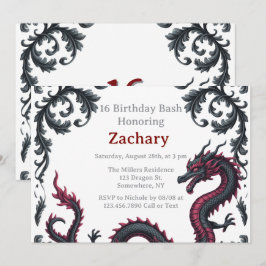 Whimsical Black Red Dragon Damask Sweet 16 Bash Inbjudningar