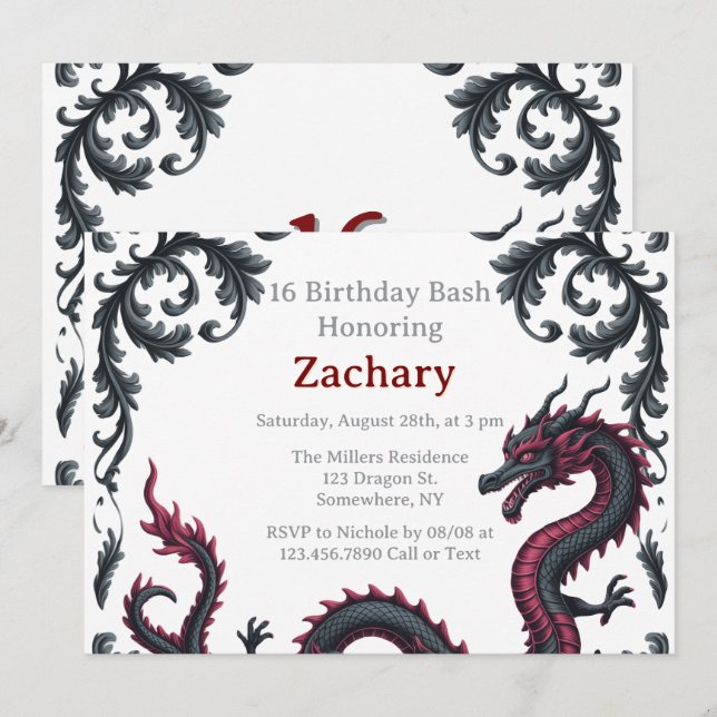 Whimsical Black Red Dragon Damask Sweet 16 Bash Inbjudningar (Fram/baksida)