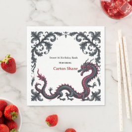 Whimsical Black Red Dragon Damask Sweet 16 Bash Pappersservett