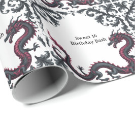 Whimsical Black Red Dragon Damask Sweet 16 Bash Presentpapper
