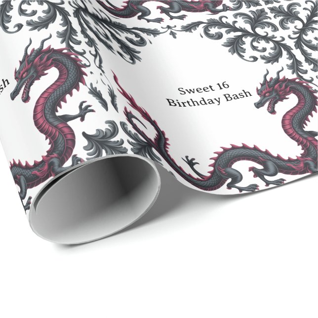 Whimsical Black Red Dragon Damask Sweet 16 Bash Presentpapper (Rullad Hörn)