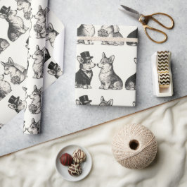 Whimsical Black & White Vintage Corgi Bröllop Presentpapper