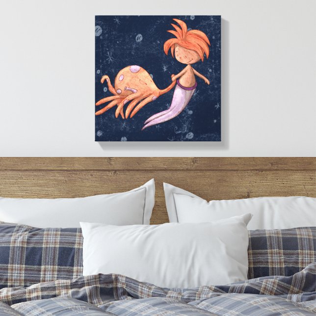 Whimsical bläckfisk sjöjungfru canvastryck (Insitu (sovrum))