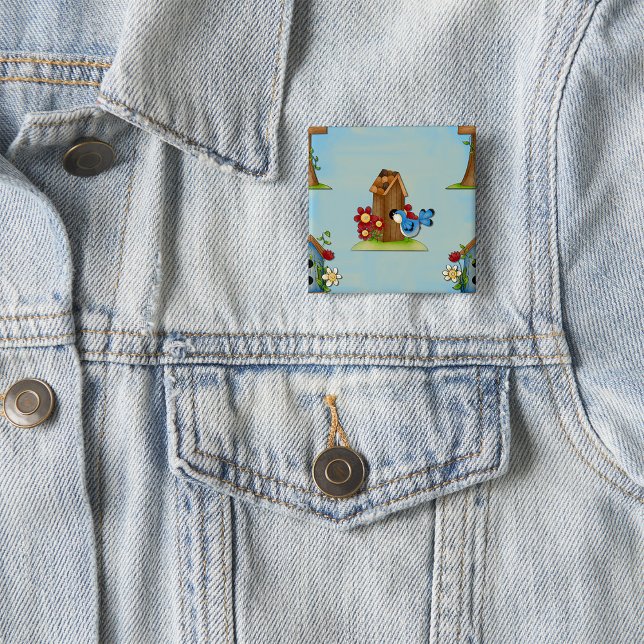 Whimsical blåfågel och fågelhus Söt vår Knapp (Skapare uppladdad)