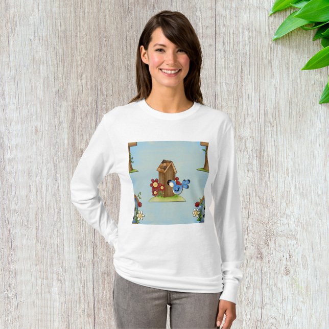 Whimsical blåfågel och fågelhus Söt vår T Shirt (Skapare uppladdad)