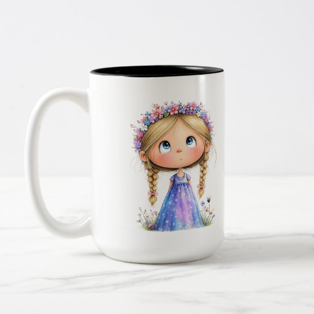 Whimsical blomkronflicka Söt barnkonst Två-Tonad Mugg (Vänster)