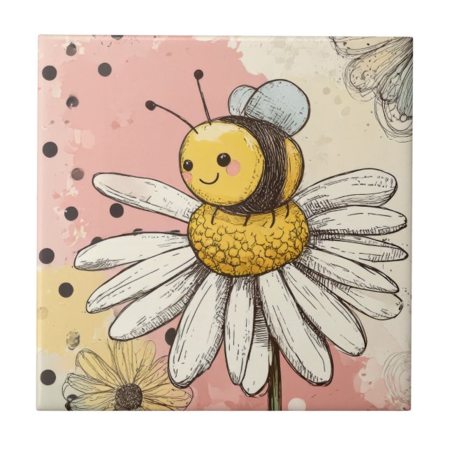 Whimsical Blomma och Bi – Mysig Blommig (1) Kakelplatta (Framsidan)