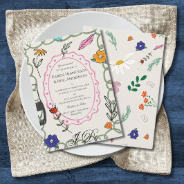 Whimsical blommande folkkonst bröllop handritad inbjudningar