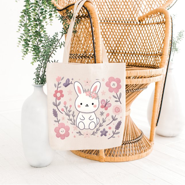 Whimsical Blommande Kanin Toteväska Tygkasse (Skapare uppladdad)