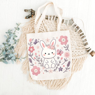 Whimsical Blommande Kanin Toteväska Tygkasse