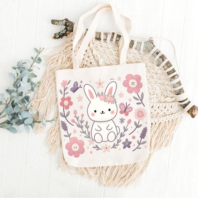 Whimsical Blommande Kanin Toteväska Tygkasse (Skapare uppladdad)