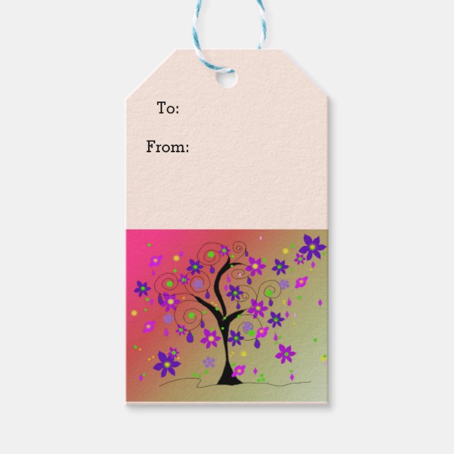 Whimsical blommande träd presentetikett (Framsidan)