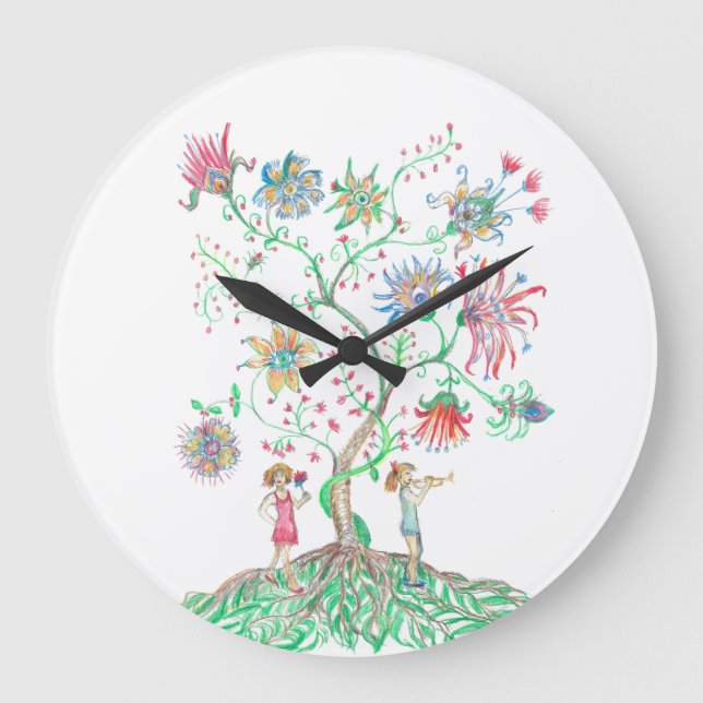 Whimsical Blommande Träd  Stor Klocka (Framsida)