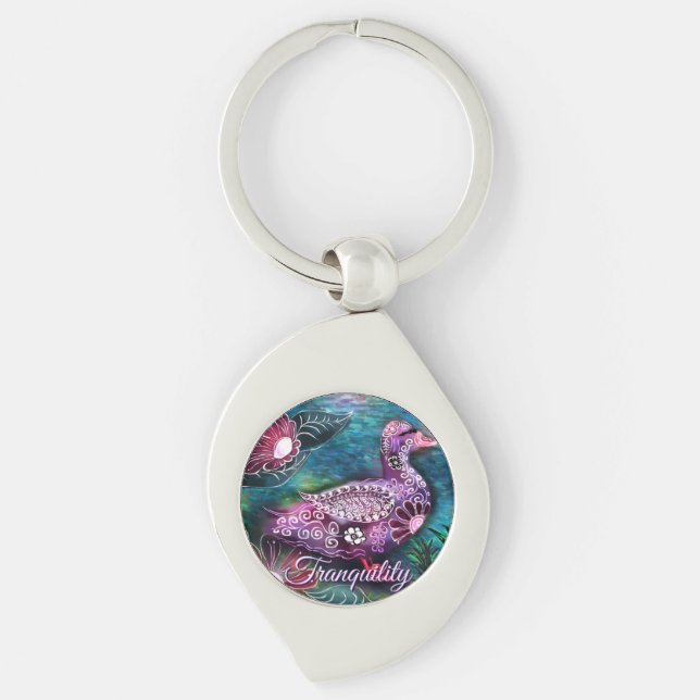 Whimsical Blommig Anka Lila Turkos Personlig Swirl Silverfärgad Nyckelring (Framsidan)