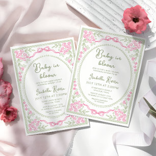 Whimsical Blommig Bebis Shower Rosa och Grön Inbjudningar