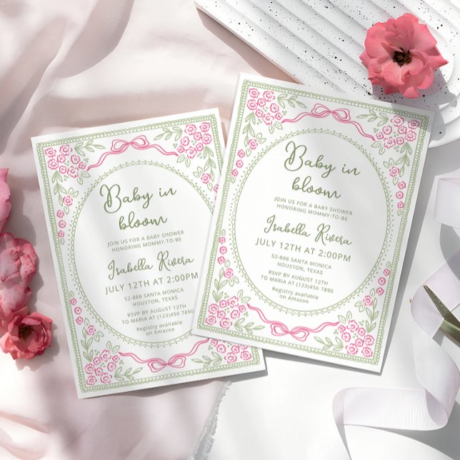 Whimsical Blommig Bebis Shower Rosa och Grön  Inbjudningar (Skapare uppladdad)