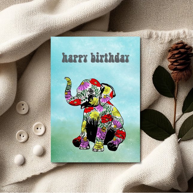 Whimsical Blommig Födelsedagspresent För Elefantba Kort (Unique Birthday Cards: Geometric and Flat Art styles featuring florals, animals, and modern designs.)