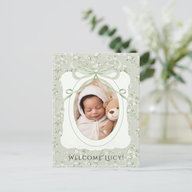 Whimsical Blommig Foto Baby Födelse Meddelande Vykort (Stående Fram)
