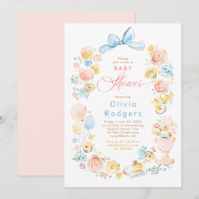 Whimsical Blommig Handritad Söt Babyshower Inbjudningar (Fram/baksida)
